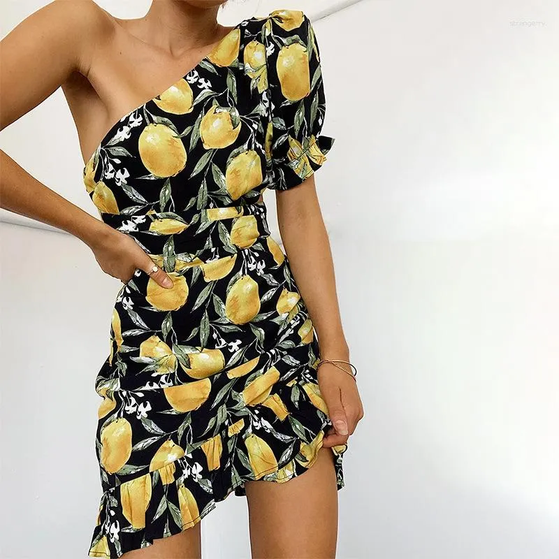 Vestidos de festa verão estampa de limão saia plissada babados assimétrico sexy ombro inclinado vestido linha A chiffon