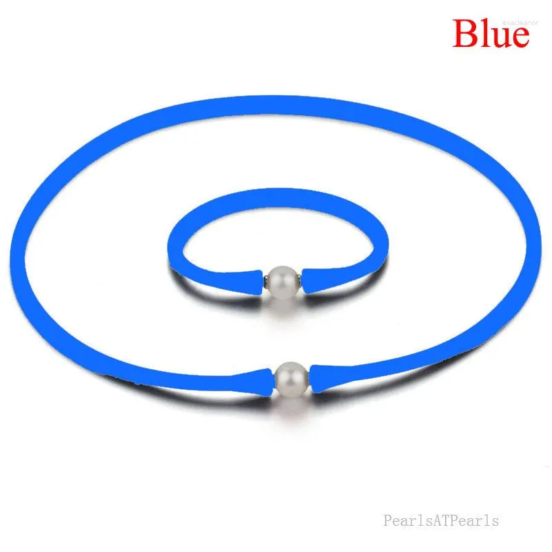Collier boucles d'oreilles ensemble 16 pouces 10-11mm naturel ovale perle bleu caoutchouc Silicone 7 Bracelet bijoux
