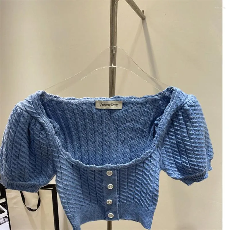 Women's Jackets High Quality 2023 Spring Summer Sweet Girl U-neck Bubble Sleeve Short Knitted Top