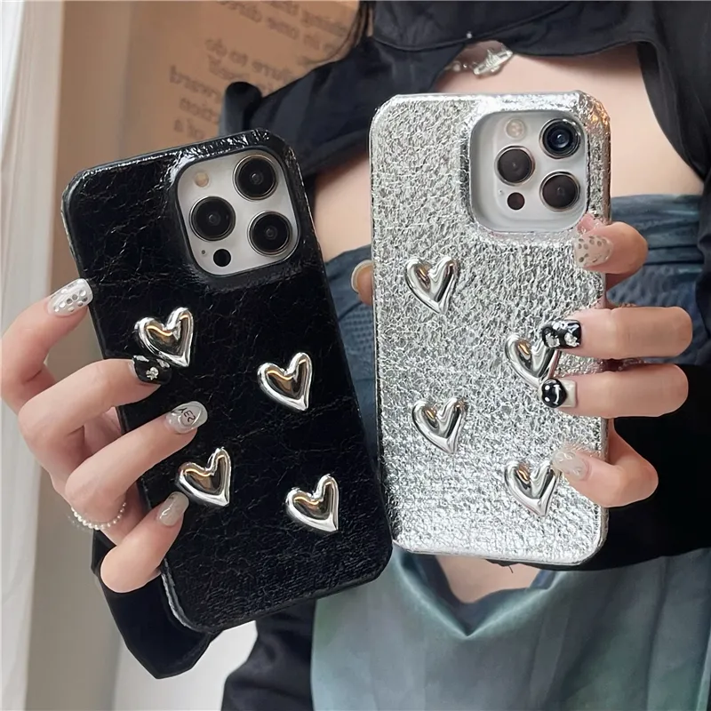 Luxe Placage Amour Coeur Cuir Vogue pour iPhone 14 13 12 Pro Max Samsung Galaxy Pliant Z Flip3 Flip4 5G Durable Élégant Mode Femmes Bijoux Étoile Coque De Protection