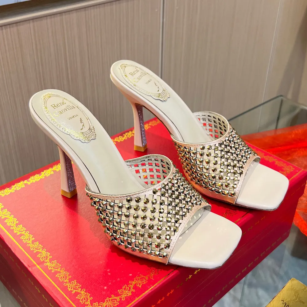 Rene caovilla Crystal Slippers rhinestones open-toe mules slides sandals heels slip onStiletto heel shoes women's luxury designer leather outsole 9.5cm With box