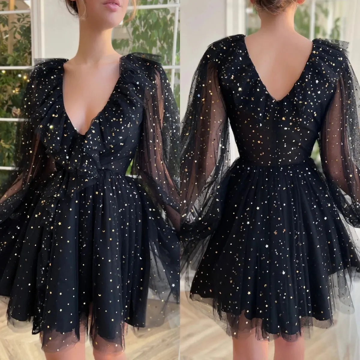 Robes de soirée courtes noires douces paillettes col en V manches longues mini robe de soirée de cocktail une ligne