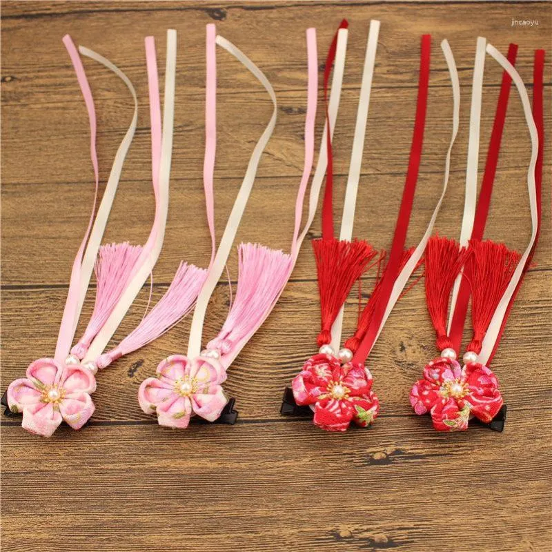 Japanese Kanzashi Hair Accessories for Yukata Kimono, Sakura Blossom Hairpins with Tassels and Ribbons, Pink and Red Flowers (HW029) Japanese Kanzashi Hair Accessories for Yukata Kimono, Sakura Blossom Hairpins with Tassels and Ribbons, Pink and Red Flowers (HW029)