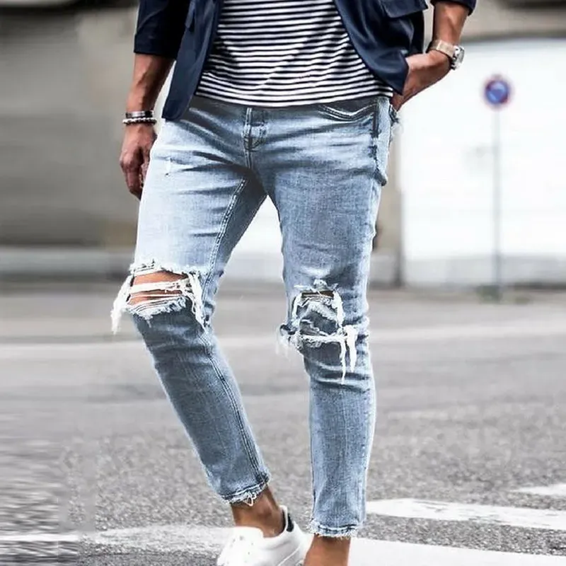 Vertvie Men Ripped Jeans Casual Skinny Jean Destroyed Hole Slim Fit Denim  Pants Male Ankle Elastic Denim Jean Trouser Streetwear