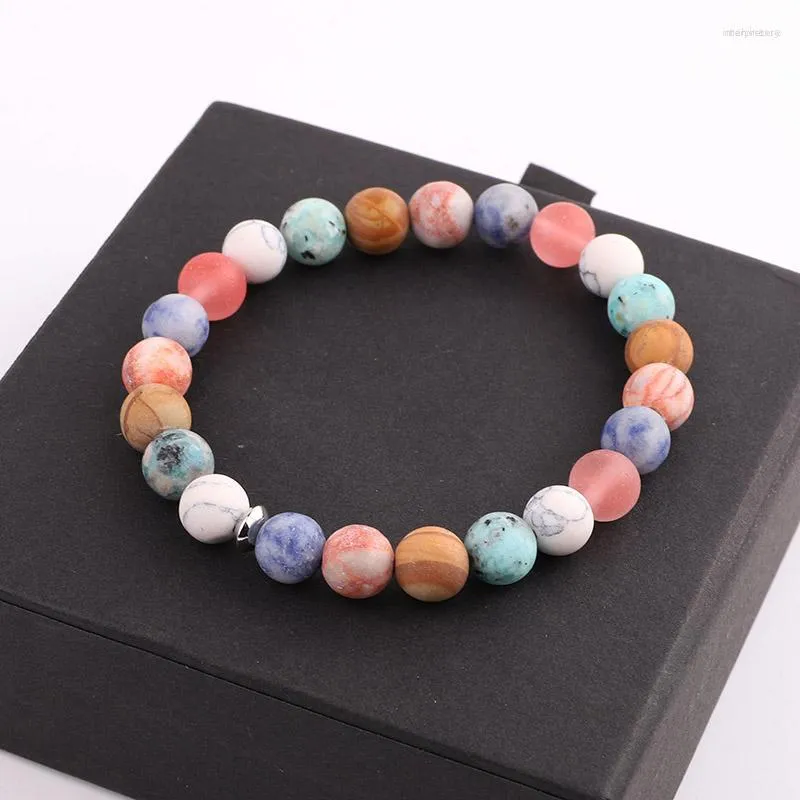 Strand Drop Design Matte Frost Rose Bleu Pierre Naturelle Bracelet Élastique Pour Les Femmes Bijoux Cadeau