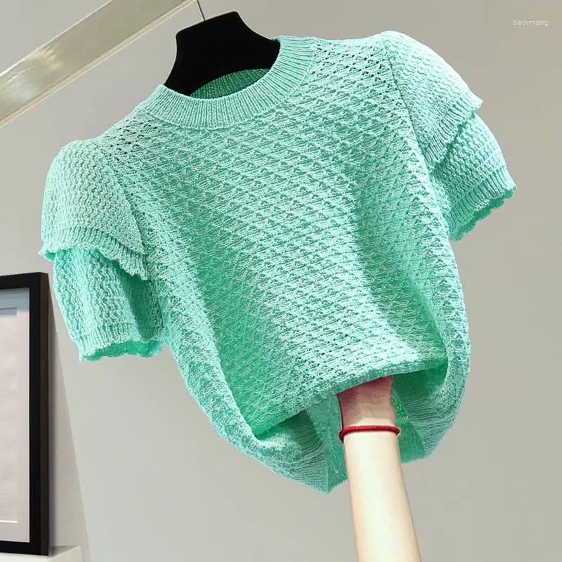 T-shirts pour femmes évider tricot T-shirt femmes manches bouffantes T-shirt 2023 été mince taille haute court à volants tricots haut dames vert