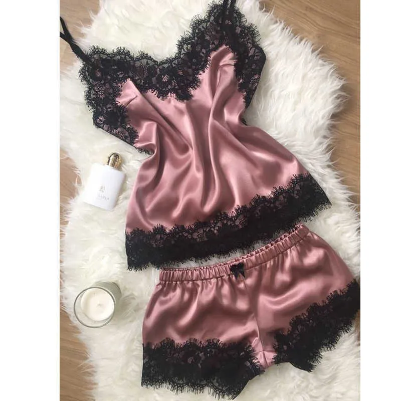 Women's Sleep Lounge Women Pajama suit Fashion V-Neck Stretch Satin Babydoll Lace Sexy Lingerie Bowknot Pyjamas Sleep Shorts Set Sleepwear New