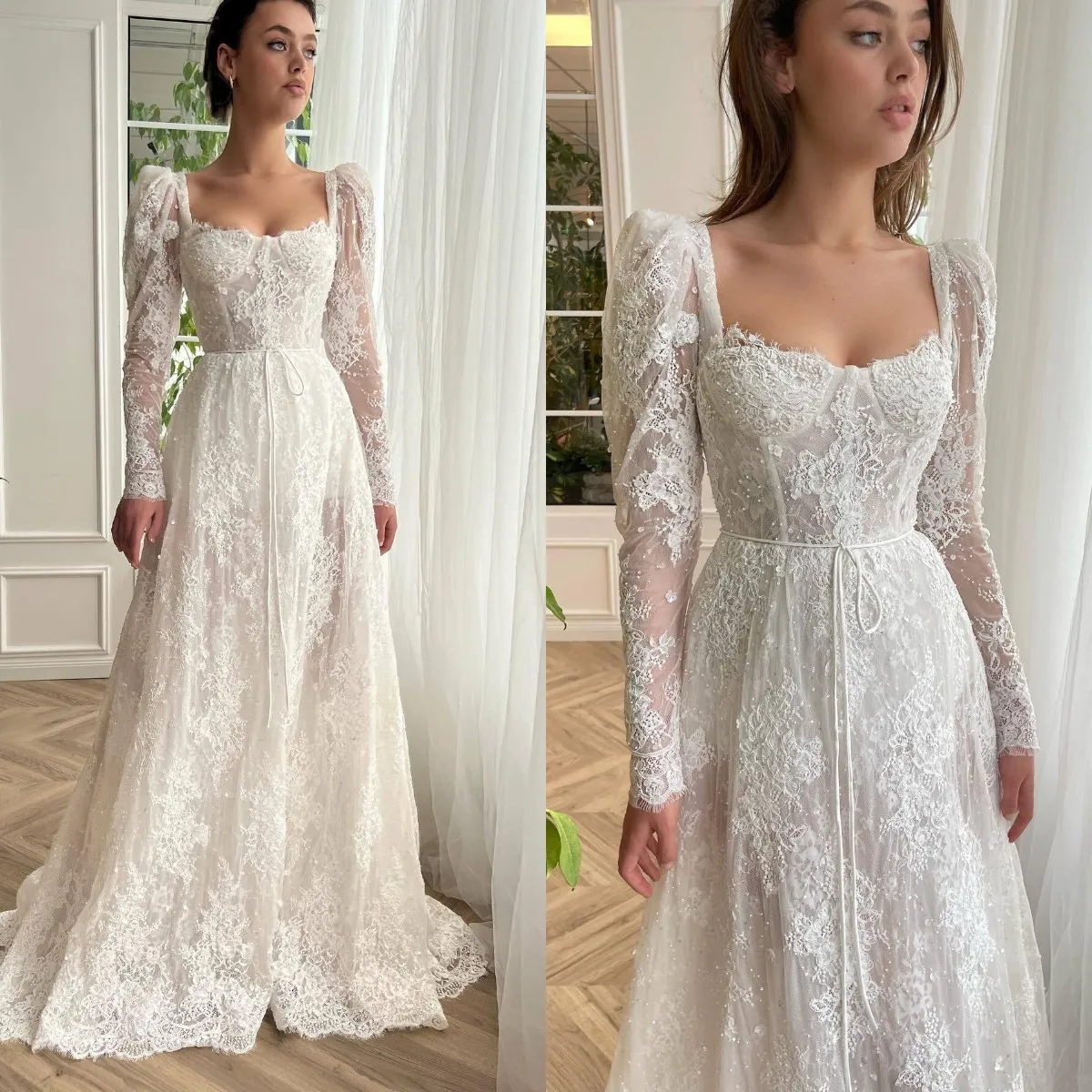 Fashion Lace A Line Wedding Dresses Square Neck Long Sleeves Wedding Dress Sweep Train designer bridal gowns