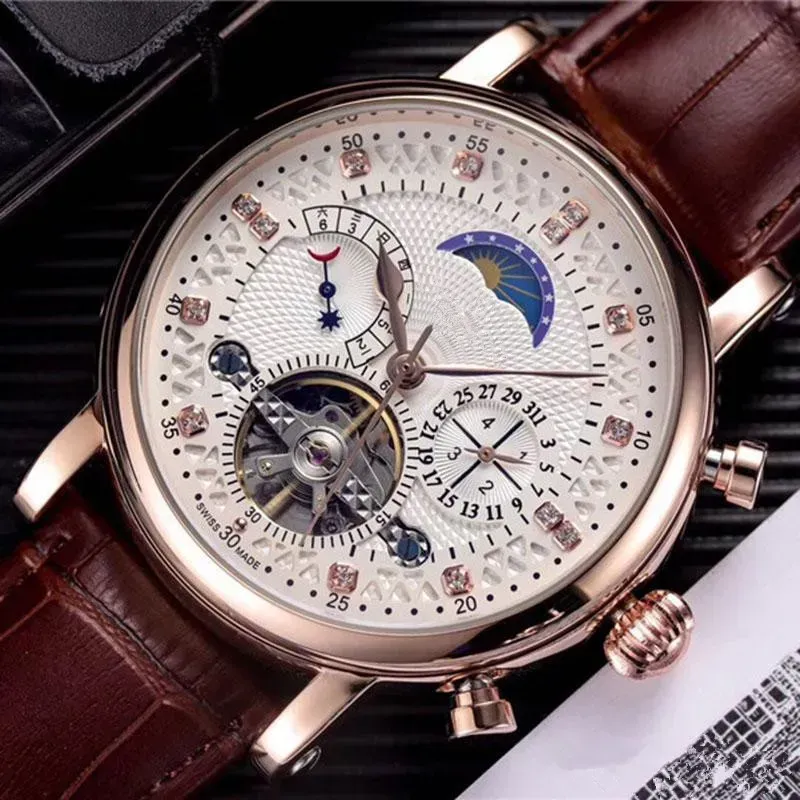 رجال Patekity Patekitys Philippeityss Wristwatches الهيكل العظمي التوربيون ليلج ميكانيكية الساعات الجلدية