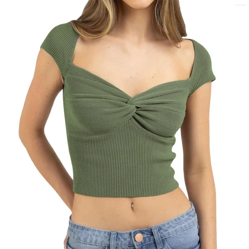 Kvinnors T-skjortor Kvinnor Y2K Ribbed Crop Tops Summer Twist Knot Front Kort ärmar Skinny T-shirt Sexig Slim Base Shirt som går ut Streetwear