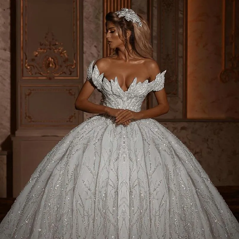 Glitzernde schulterfreie Ballkleid-Hochzeitskleider 2021, luxuriöse glitzernde rückenfreie Brautkleider mit langem Zug, Vestidos de Novia Robe ma2306