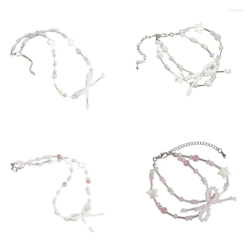 Pulseiras charmosas Colar lindo com contas de cristal Pulseira de camada dupla com lacinho estrela