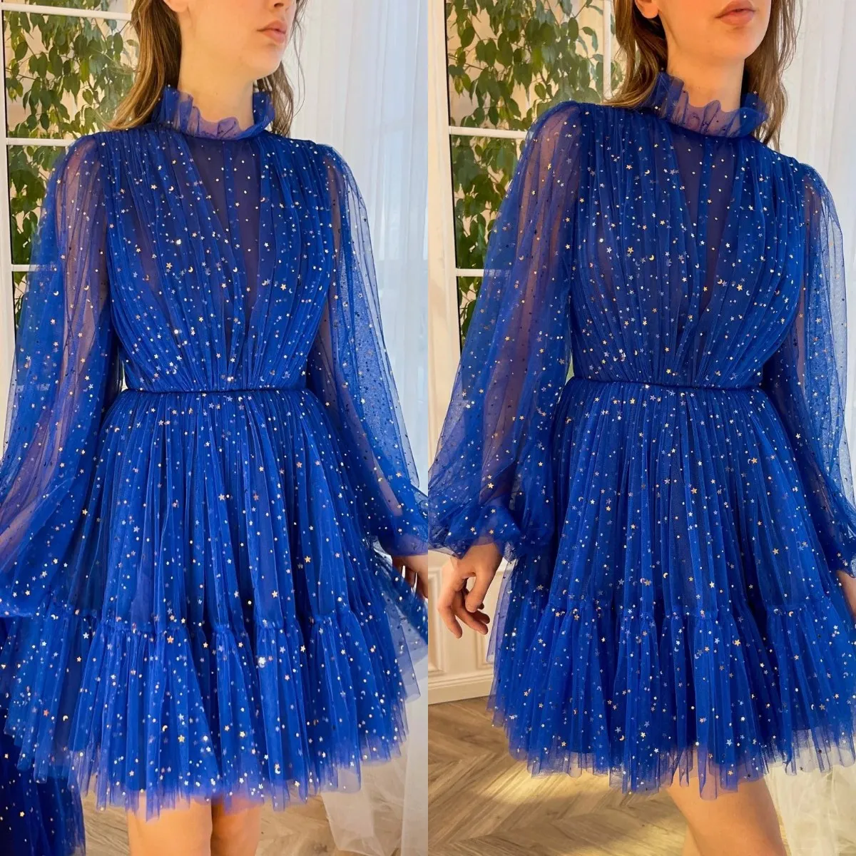 Dolce abito da ritorno a casa corto blu royal con paillettes collo alto maniche lunghe mini abito da ritorno a casa da cocktail una linea