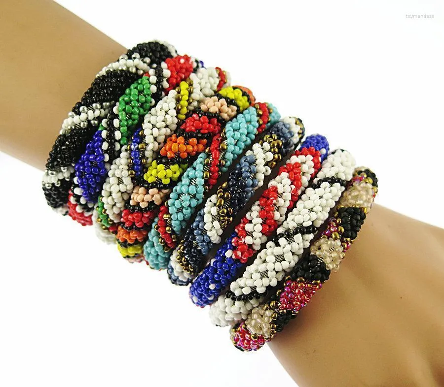 Braccialetto fatto a mano Braccialetto di perline blu Hippy Amicizia Rotolo di semi intrecciati all'uncinetto Perline Modello a strisce rosse Braccialetti per le donne Raym22