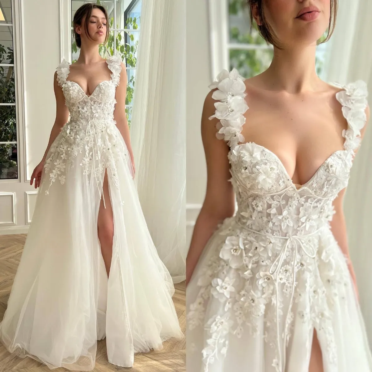 Fashion A Line Wedding Abites 3D Floral Cins Appliques Abito da sposa Spazzare Train Flit Designer Bridal Gowns