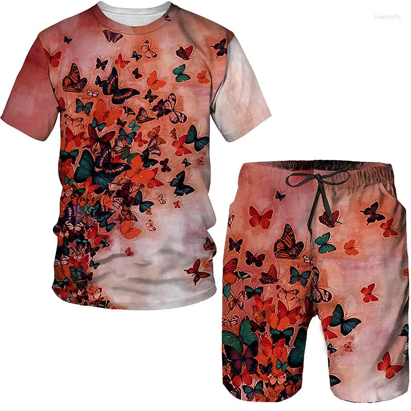 Damen-Trainingsanzüge 2023 Sommer-Frauen-beiläufiger Rundhals-T-Shirt-Anzug Schmetterlingsdruck-übergroßes Oberteil/beiläufige Shorts/zweiteiliges Set für