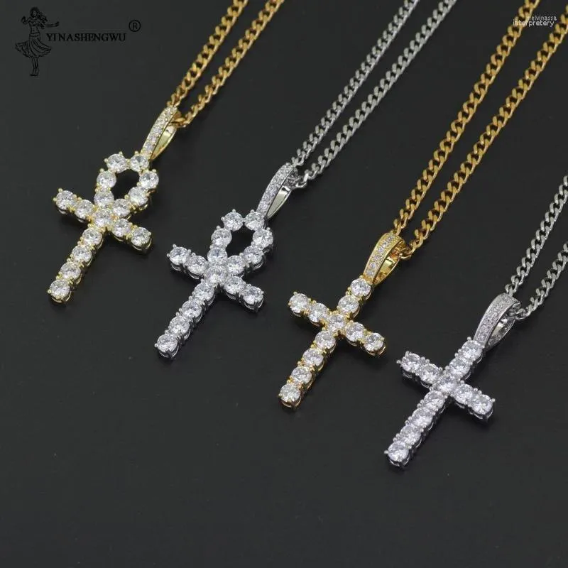 Pendentif Colliers Hip Hop Anha Croix Cuivre Réglage CZ Pierres Collier Bijoux Pour Hommes Et Femmes Avec 18/20/22/24/30 Pouce Corde Chaîne