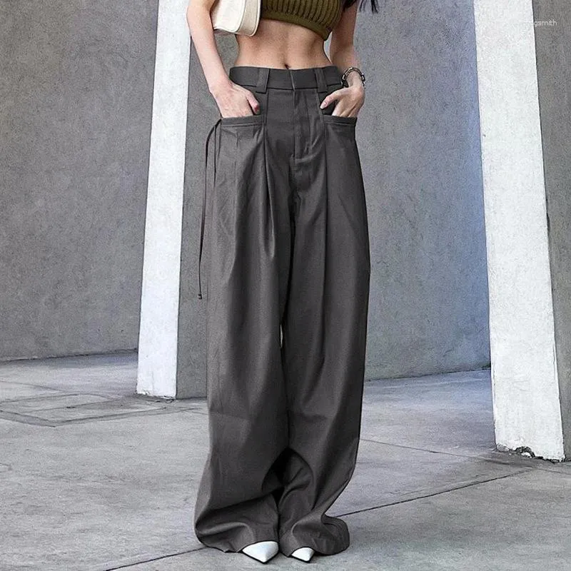 Pantaloni da donna Ekaliy Grigio Cargo Moda coreana Tasca con lacci Vita bassa Casual Donna Streetwear Pantaloni sportivi Y2k Pantaloni estetici