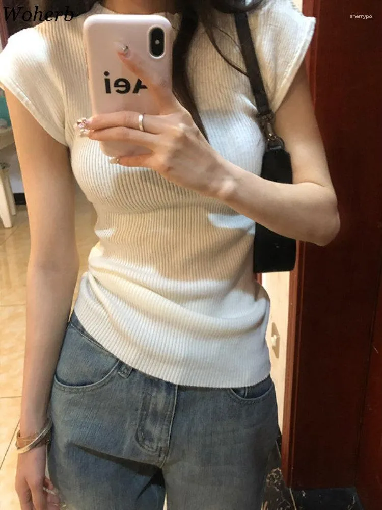 T-shirt da donna Woherb 2023 T-shirt con collo a lupetto coreano estivo All Mack Donna Tunica a maniche corte in maglia T-shirt Elegante Chic Slim Solid Casual