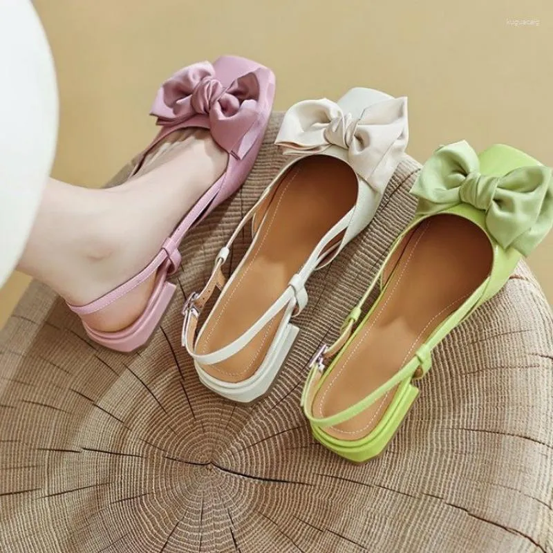 Sandaler Square Toe Green Pink Women's Spring Summer Shallow Bow Shoes Tjock Low Heel Buckle Sandalias Mujer Verano