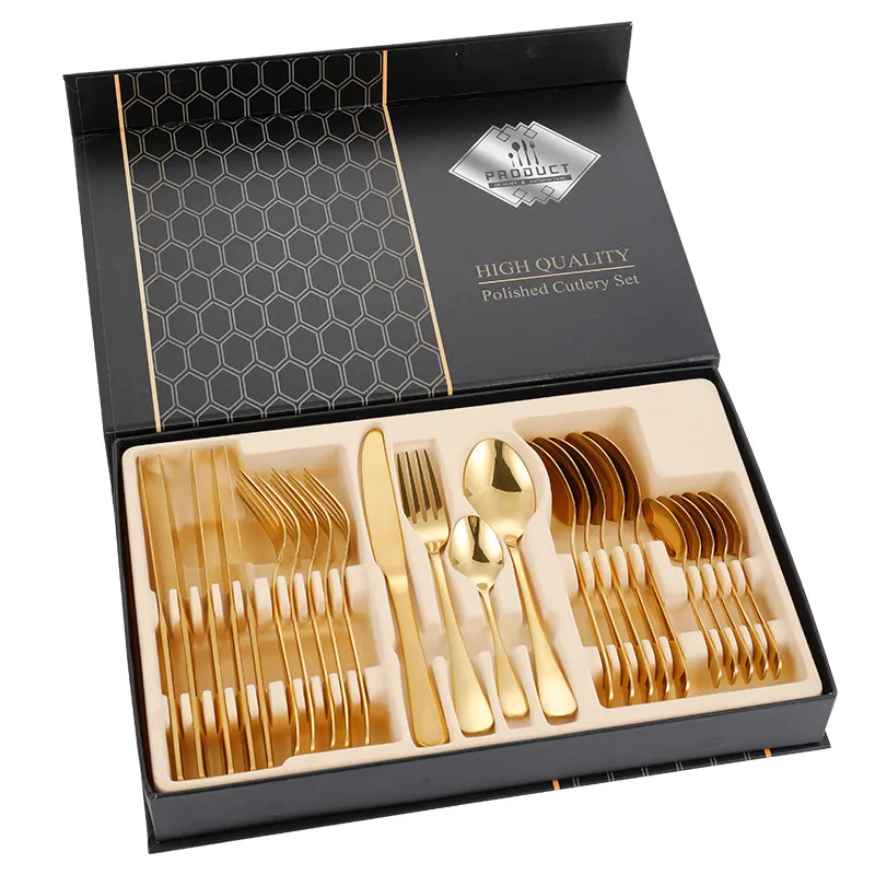 Zestaw luksusowych zastawy stołowej 24PCS Golden Spoon Knife Fork Cutlery Setlery na weselne sztućce