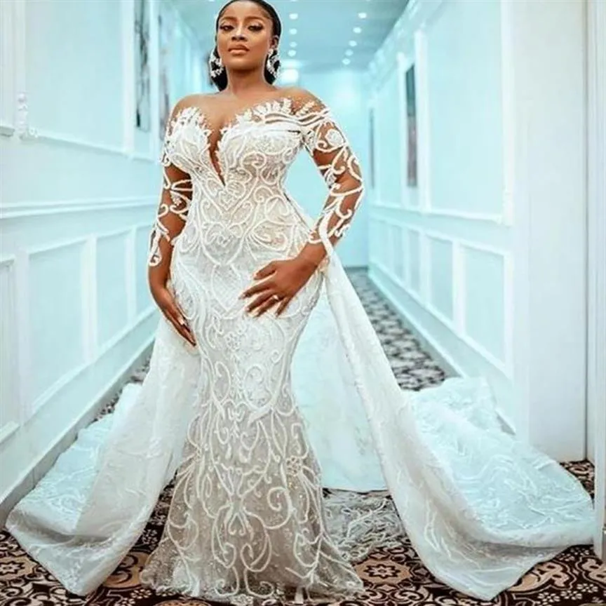 Robes de mariée sirène grande taille avec train détachable 2022 dentelle perlée pure cou illusion manches longues robe de mariée civile Robe de250h