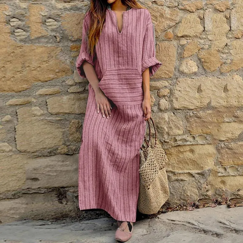 Casual klänningar 2023 bomullslinne länge för kvinnor sommar kortärmad fast färg v-ringning retro robe kläder sundress vestido