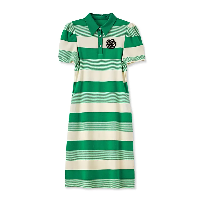 2023 Summer GreenStriped Print Dress Short Sleeve Lapel Neck Buttons Midi Casual Dresses W3L046212