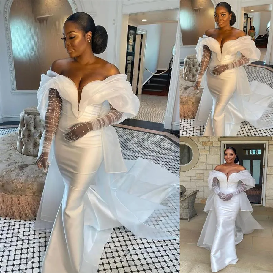 Simple Satin Mermaid Wedding Dress with Removable Long Sleeve Couture Plus Size Beads Bride Party Dress Celebrity Bridal Gowns236a