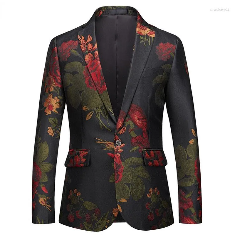 Costumes pour hommes Robe de soirée pour hommes Rose Veste de costume à fleurs Un bouton Revers cranté Coupe ajustée Blazer élégant Costume de dîner de mariage