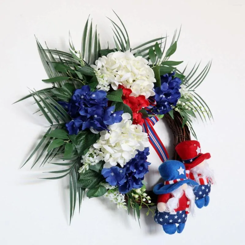 Dekorative Blumen, amerikanischer Kranz zum 4. Juli, Wandtür, hängende Girlande, Seidenblume, patriotisch, mit Zwergpuppen