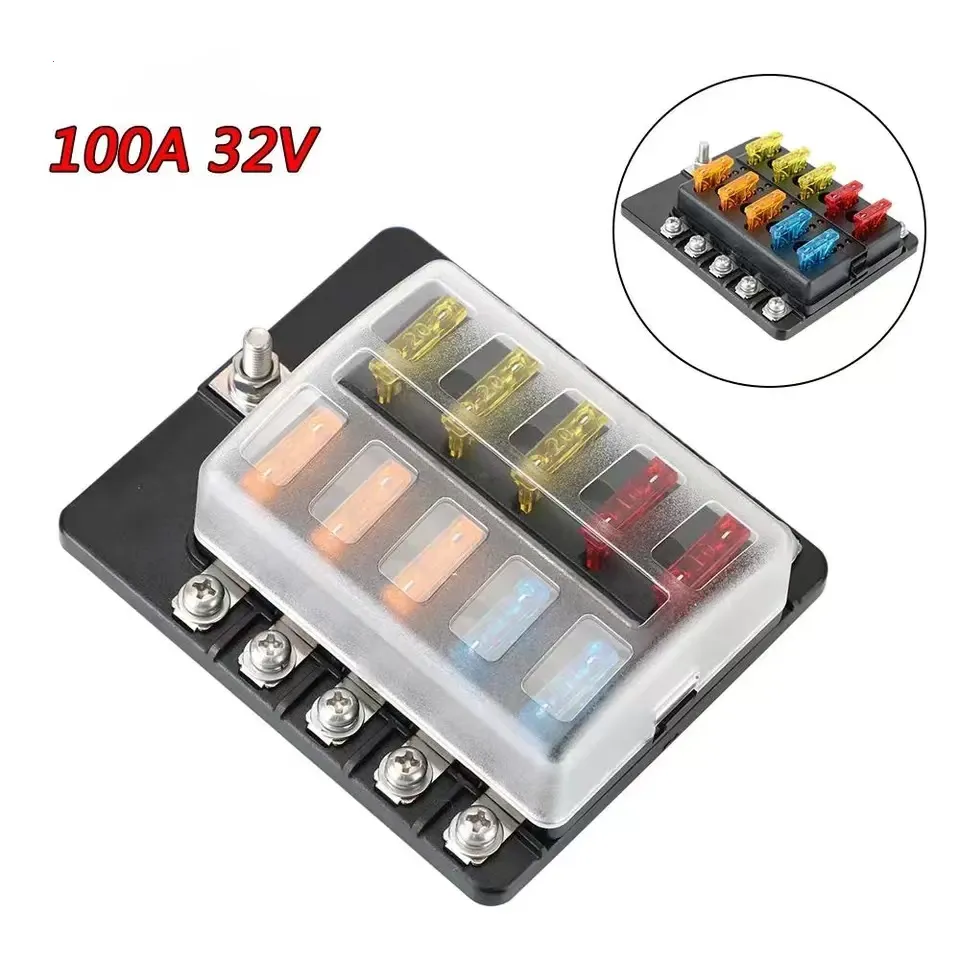 10 Ways Blade Fuse Box Holder with LED Warning Light for Car Boat Marine Trike 12V 24V Medium Size Fuses 100A