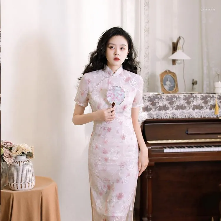 Ethnische Kleidung Chiffon chinesischer Stil Qipao Druck Blume Stehkragen Kurzarm Frauen Vintage Knopf Mitte der Wade Spitzenkante