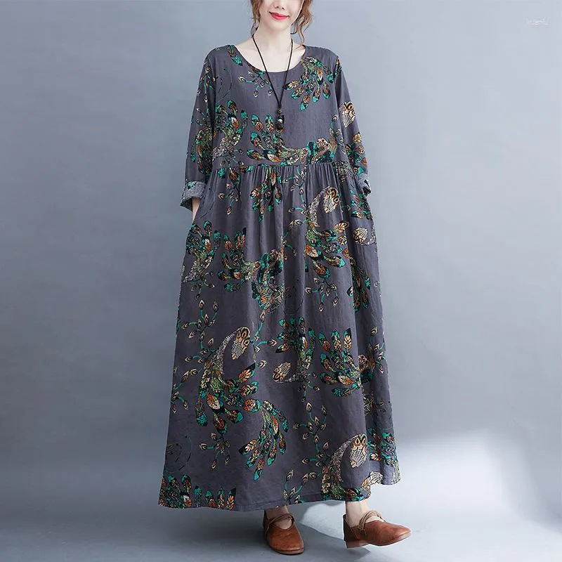 Casual Jurken Lange Mouwen Katoen Vintage Print Grijs Vrouwen Losse Dames Jurk Elegante Gewaad Femme Kleding Lente Herfst 2023 WD29