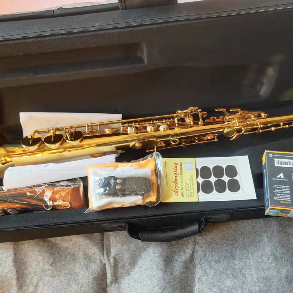 Saxofone profissional s991 Bb afinado saxofone soprano tubo integrado pintura latão dourado padrão esculpido instrumento de sopro com estojo