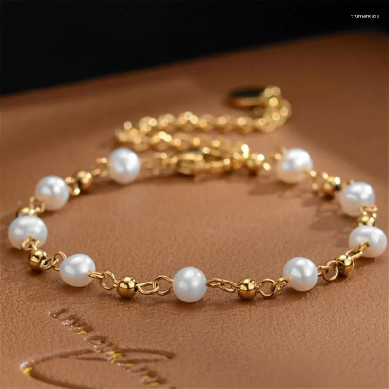 Strand Beaded Strands Titanium Steel Gold-Plated Bracelet Bead Chain Choker White Pearl Necklace For Women Charm Handmade Party Jewelry Drop