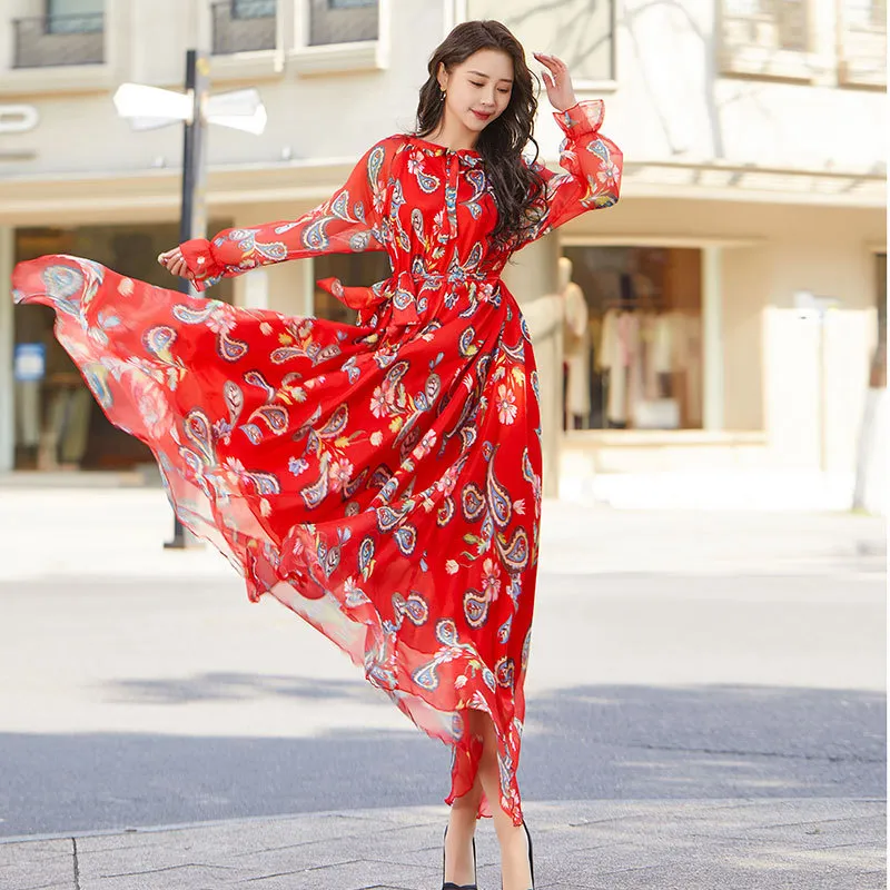 Floral Chiffon Maxi Dress With V Neck & Lantern... From Zashop2023, $180.91  In Bulk | DHgate.Com
