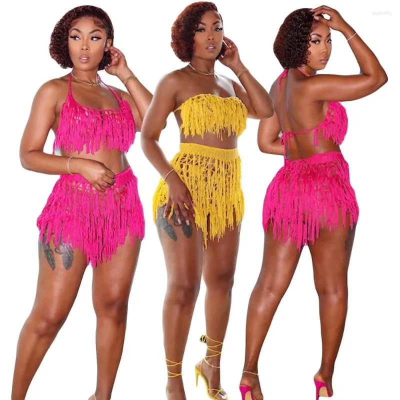 Women's Tracksuits Sexy Crochet Tassel 2 Piece Shorts Sets Summer Hollow Out Beach Wear Women Hater Bandage Crop Top And Mini 2023 Cover Ups