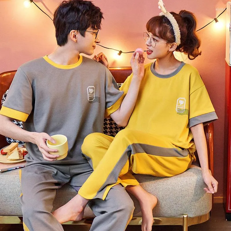 Men's Sleepwear 2023 Short Sleeve Long Pant Couple Men And Women Matching Home Set Cotton Pjs Cartoon Prints Leisure Nightwear Pajamas