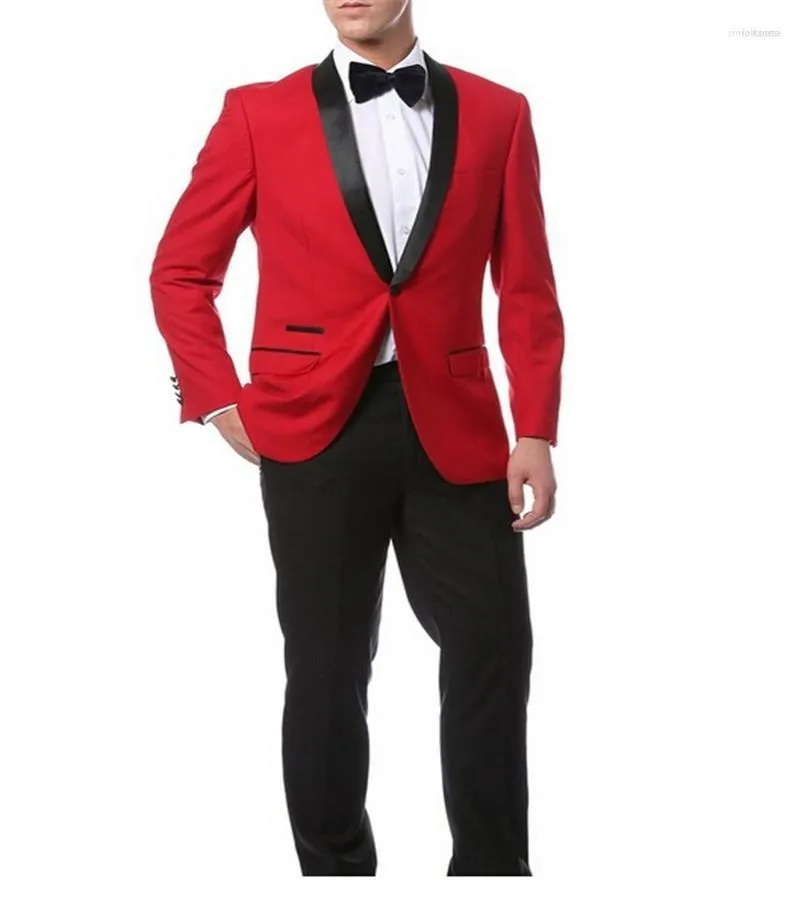Men's Suits Men's 2023 Slim Fit Red Groomsmen Shawl Lapel Groom Tuxedos Black Pants And Bow Tie Side Vent Men Wedding Man Two Pieces