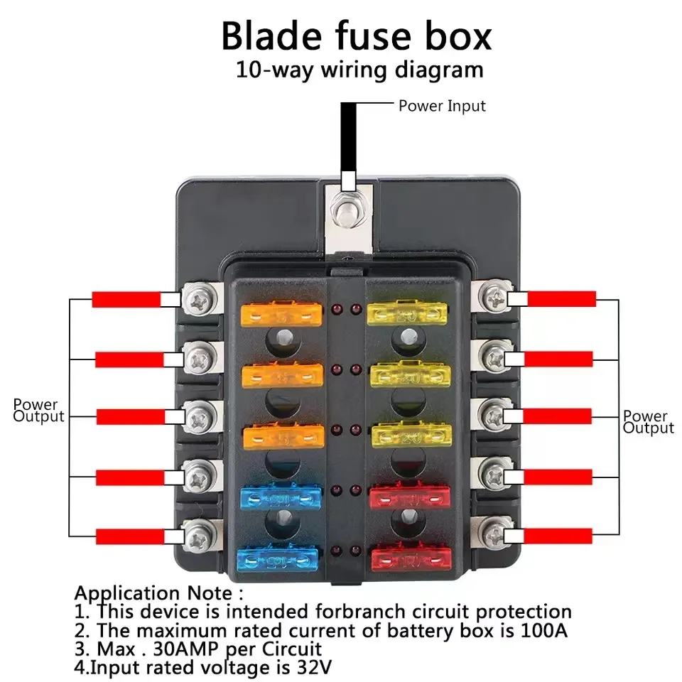 10-Way Car Blade Fuse Box Holder with LED Warning Light, Modified Fuses ...