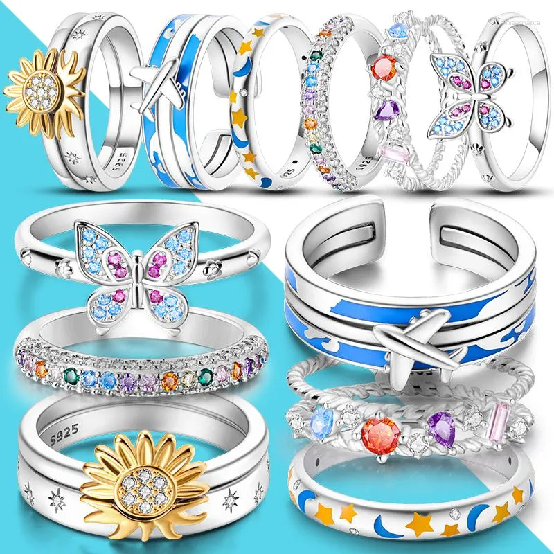 Кластерные кольца 925 Серебряная прекрасная свадьба для женщин Бабочка Луна Звезда Солнце путешествие роскошные цветные обруча