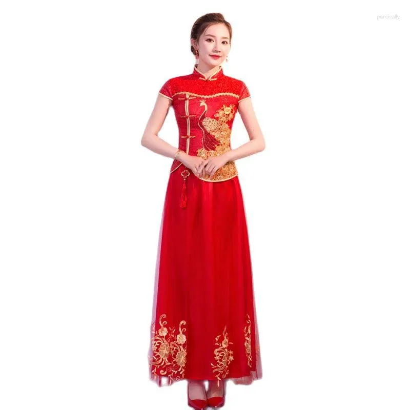 Ethnic Clothing Chinese Traditional Qipao Peacock Pattern Classical Wedding Long Elegant Red Dress Oriental Cheongsam