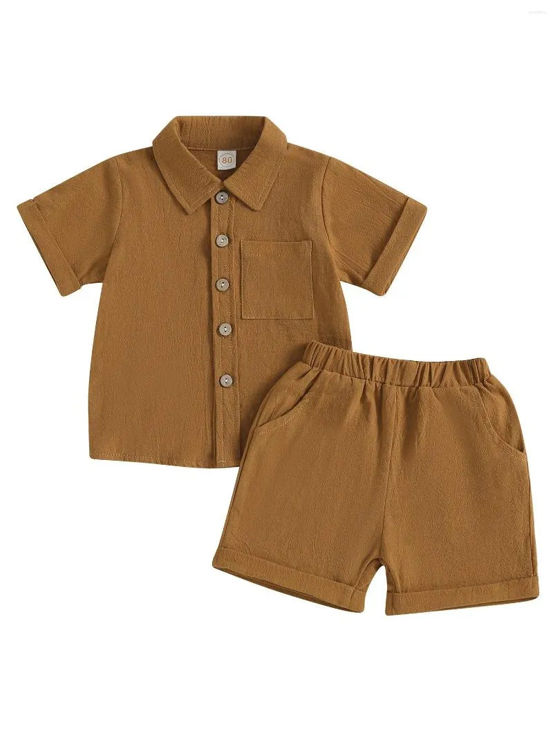 Ensembles de vêtements Adorable 2 pièces pour tout-petit garçon tenue couleur unie chemise boutonnée à manches courtes et short à taille élastique pour bébé décontracté