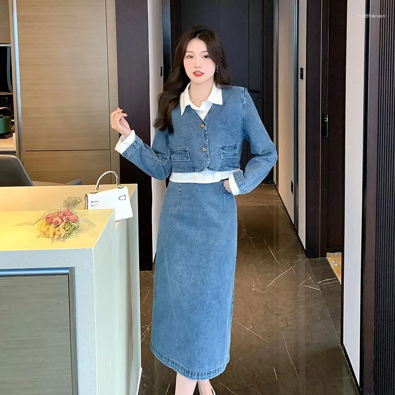 Work Dresses Denim Skirt Suit 2023 Spring Fashion Retro Korean Slim Short Single-breasted Jacket Long Two-piece