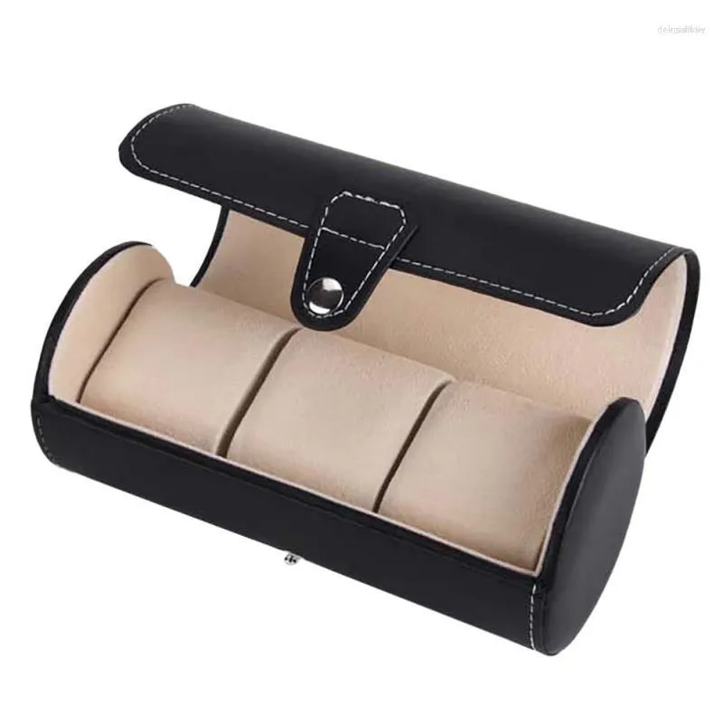 Titta på lådor 3 Slot Box Pu Leather Case Travel Jewel Storage Roll Organizer Collector