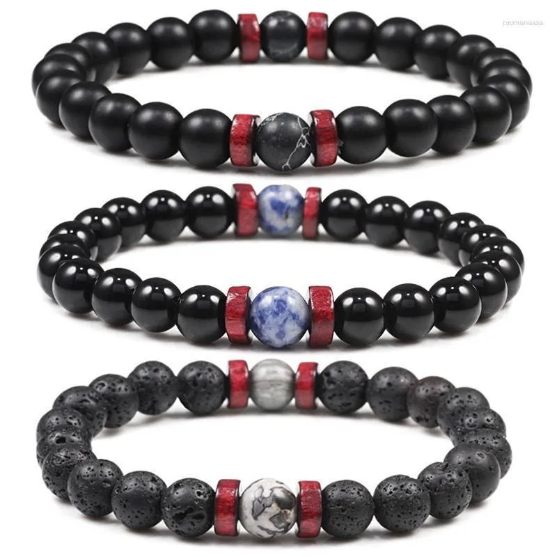 Strand pärlstav strängar svart lava stenarmbandbangles naturlig mattmånsten tibetansk buddha charm man armband mode trendiga kvinnor