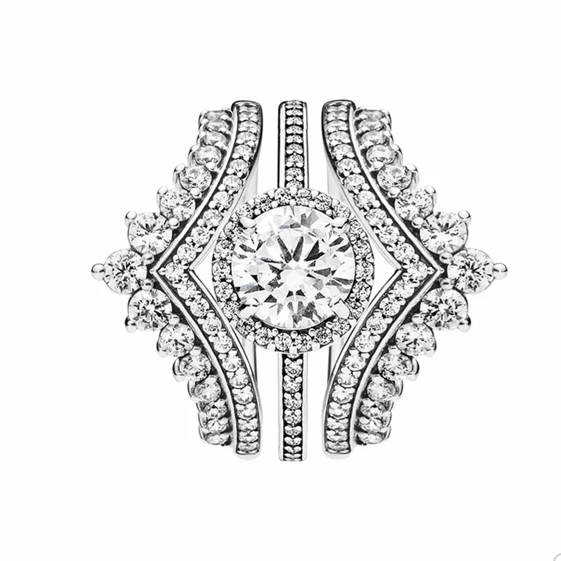 خاتم زفاف فاخر لمجوئة Pandora Real 925 Sterling Silver Princess Wisbone Rings Jewelry for Women Girls Crystal Diamond Ring مع صندوق أصلي