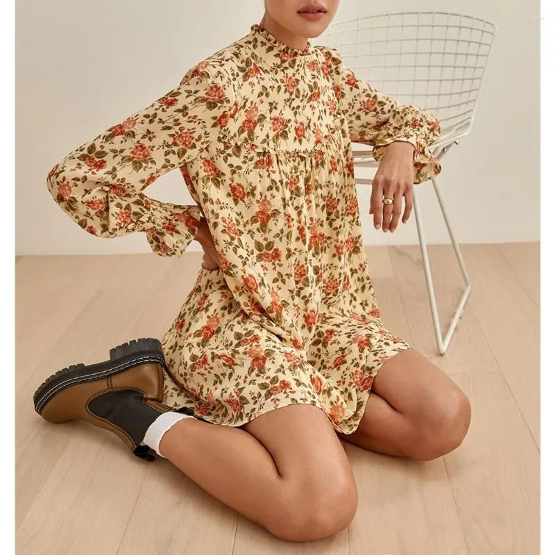 Casual Dresses Spring Autumn For Women 2023 Elegant Floral Print Vintage Half High Neck Long Sleeve Frill Trim Chiffon Mini