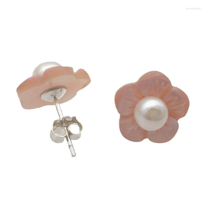 Boucles d'oreilles à tige sculptées à la main véritable coquille de fleur rose 925 argent Sterling perle blanche femme cadeau mode bijoux boucle d'oreille